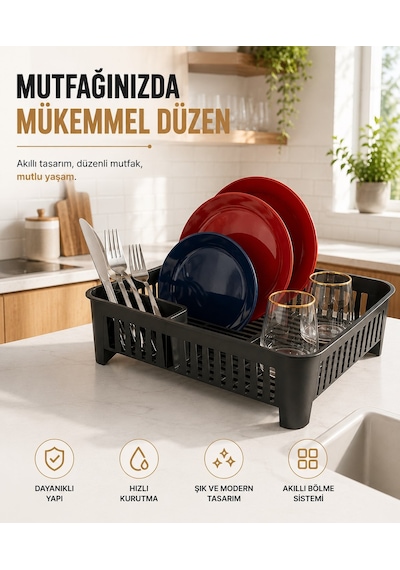 Sas Haus Bulaşıklık Tezgah Üstü Tabak Bardak Kurutmalık Plastik Bulaşık Sepeti 33x41 Cm Siyah S-10567