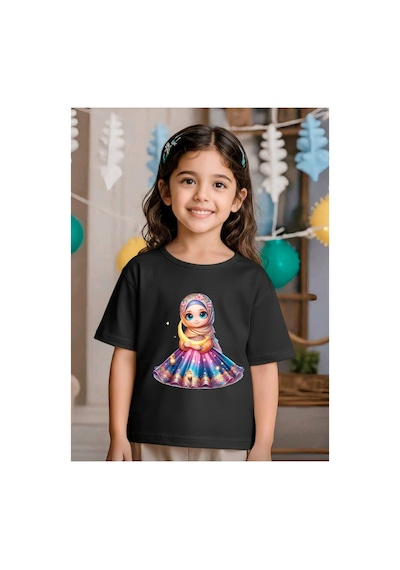 Stil-x Ramazan Bayramı Baskılı Kız Çocuk Tshirt, %100 Pamuklu Kumaş Siyah-21