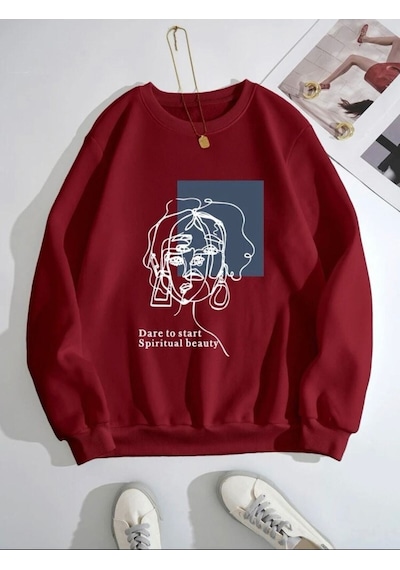 Startmore Bordo Unisex Kadın/erkek Özel Renkli Beauty Baskılı Bisiklet Yaka