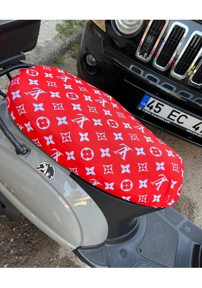 Lv Desen Kırmızı Beyaz Motorsiklet Sele Kılıfı 1.kalite Likrali Penye Yıkanabilir