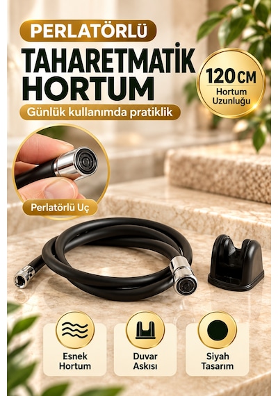 Siyah Taharetmatik Hortum 120 Cm Perlatörlü Uç Duvar Askılı Esnek Banyo Tuvalet Taharet Hortumu Seti
