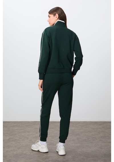 Tommy Life Çam Yeşili Kompakt Pamuklu Kalın Pürüzsüz Dokulu Dik Yaka Oversize Fit Kadın Eşofman Takım - 95340 Yeşil