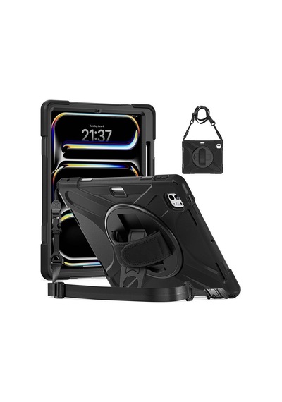 İpad Pro 13 2024 M4 A2925-a2926-a3007 Uyumlu El Askılı El Tutmalı Defender Standlı Tablet Kılıfı - Siyah - T33043