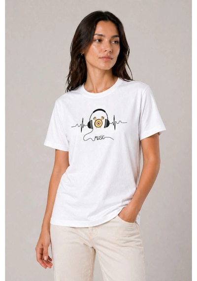 Wear Vexel Kadın Müzik Temalı Baskılı Tişört Bisiklet Yaka Kısa Kol T-shirt - Beyaz Beyaz