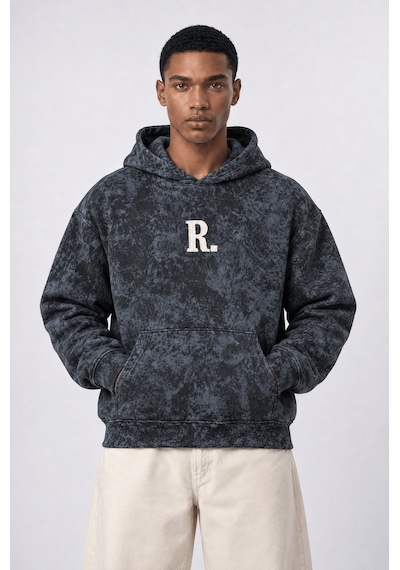 Respire Erkek Revere Nakışlı Yıkamalı Oversize Hoodie Siyah