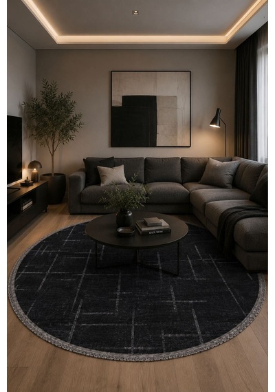 Lotus Bambu Model Altı Kaymaz Yuvarlak Makine Dokuma Halı Antrasitt Çok Renkli