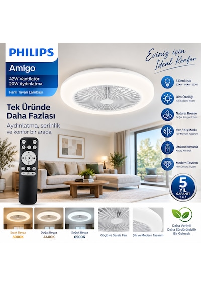 Philips Amigo Fanlı Tavan Lambası 42w Vantilatör + 20 W Aydınlatma Gücü