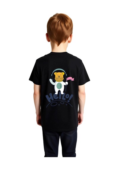 Paybuy Çocuk Uzay Astronot Baskılı Kısa Kollu Tişört Retro Grafik Merhab Siyah