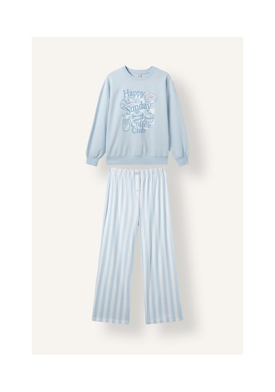 Defacto Regular Fit Uzun Kollu Baskılı Üst Çizgili Alt Pijama Takımı H8801ax26aube343 Mavi-be343