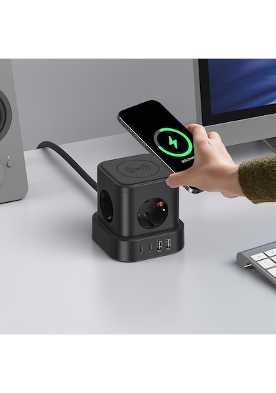 4'lü Priz Küp Çoklayıcı 2 Usb 2 Type-c 5w Kablosuz Şarjlı 2 Metre Kablolu Akım Korumalı Priz 1 - 3 M
