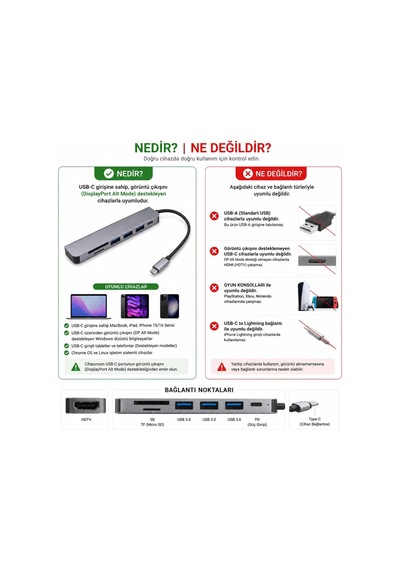 Type-c 7'si 1 Arada Usb-c Hub, Hdmı Hdtv , 3 Usb 3.0, Sd Ve Tf Kart Okuyucu, Pd Güç Girişi, Windows 10, Mac Os, Chrome Os Ve Linux Uyumlu Çok Fonksiyonlu Adaptör 1988