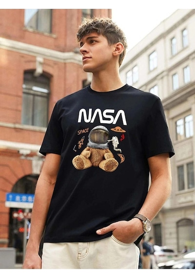 Tarzsokak Unisex Gri Ayıcık Nasa Baskılı Tshirt Siyah