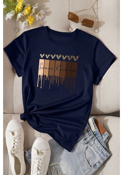 Uyguntarz Unisex Leopar Kalp Baskılı Oversize T-shirt Lacivert
