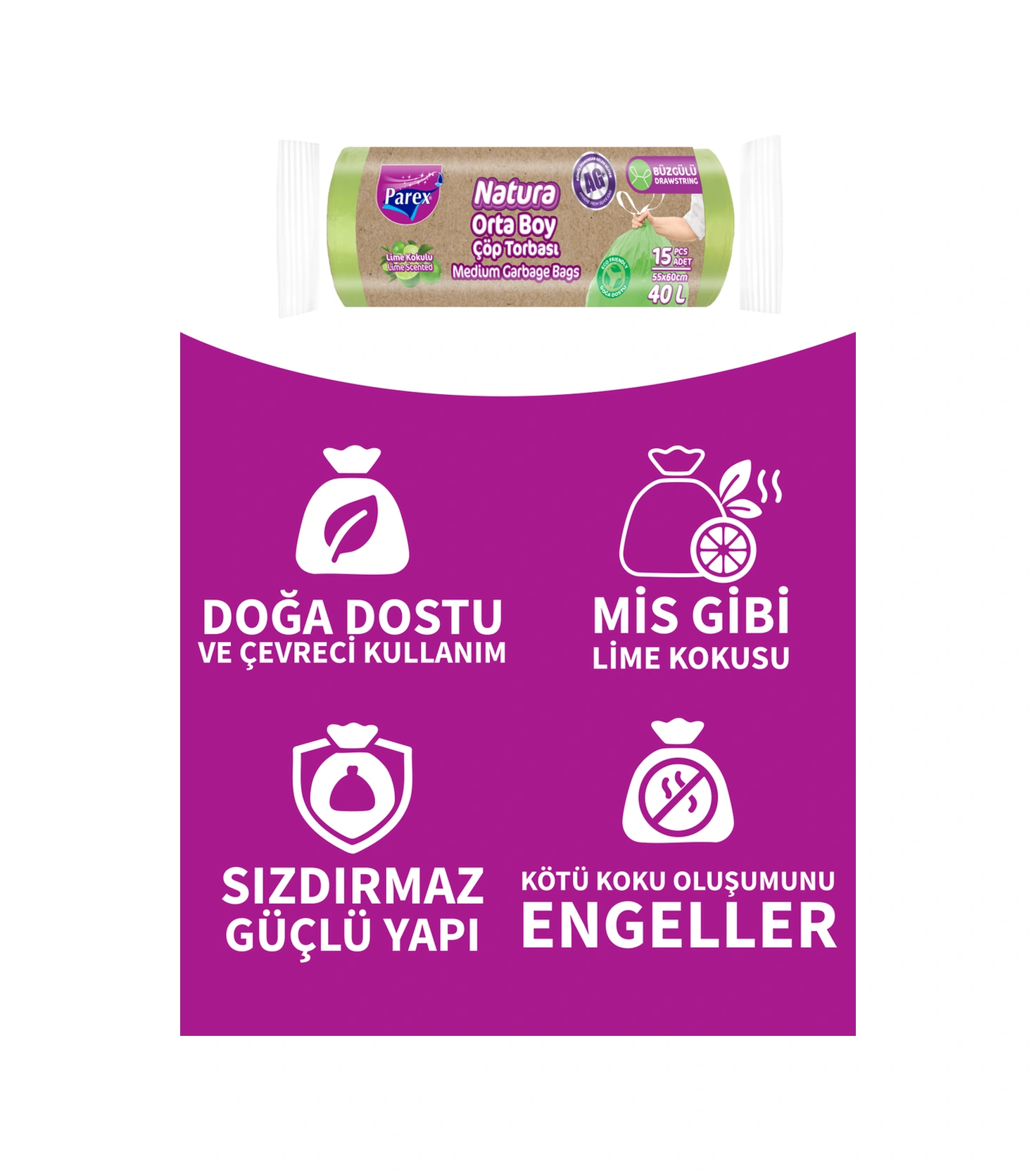 Natura Büzgülü Çöp Torbası Orta Boy 15'li 55 X 60 Cm
