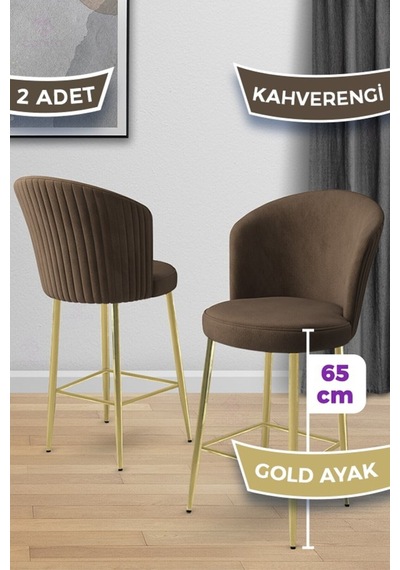 Canisa Alte Serisi 2 Adet Babyface Kumaş 65 Cm Gold Kaplama Ayaklı Kahverengi Bar Sandalyesi Kahverengi Sandalye Gold Kaplama Ayak