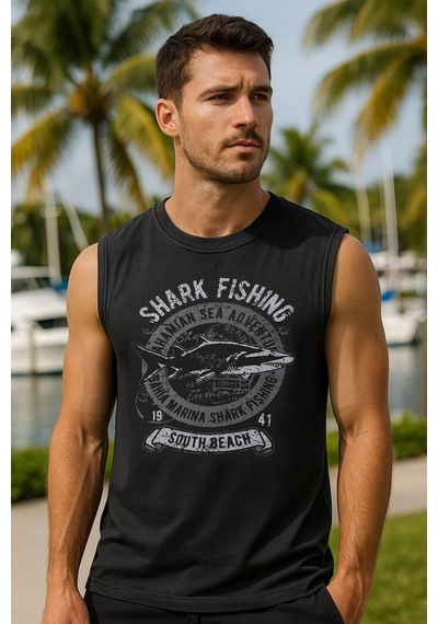 Markapia Man Erkek %100 Pamuk Bisiklet Yaka Shark Baskılı Kolsuz T-shirt Füme
