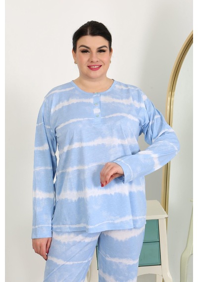 Akbeniz Kadın Büyük Beden Uzun Kol Penye Pijama Takımı Mavi 202502 Mavi