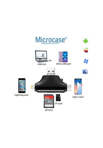 Microcase AL2743 4 in 1 SD Kart Okuyucu Type-C Lightning Micro USB to USB Çevirici Siyah