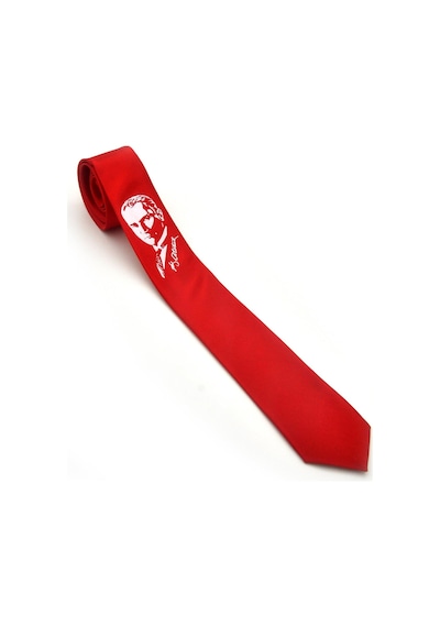 Atatürk Portre Ve İmza Baskılı Slim Fit Saten Kırmızı Kravat - Ak-08 Kırmızı