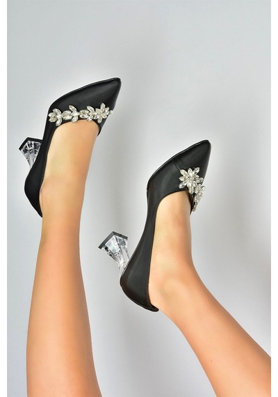 Fox Shoes Siyah Saten Kumaş Taşlı Kadın Ayakkabı M246014004 Siyah