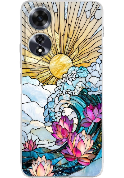 Printify Oppo A60 İle Uyumlu Vitray Okyanus Sabahı Tasarımlı Şeffaf Silikon Kılıf Şeffaf