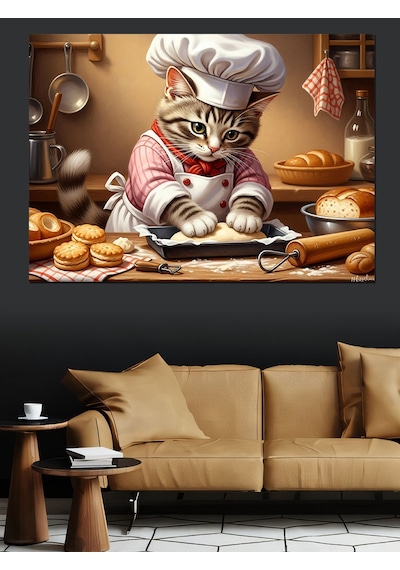 Ahşap Tablo Mutfakta Hamur Açan Şef Kedi