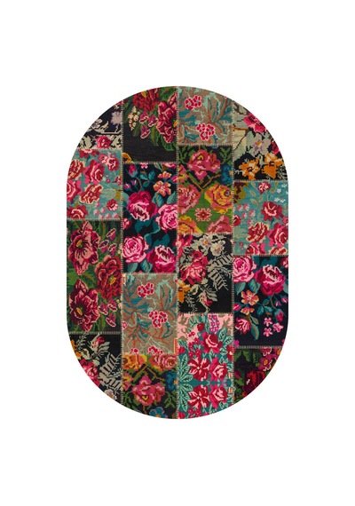 Patchwork Desen Dokuma Pamuk Taban Dijital Dekoratif Oval Halı Kırmızı