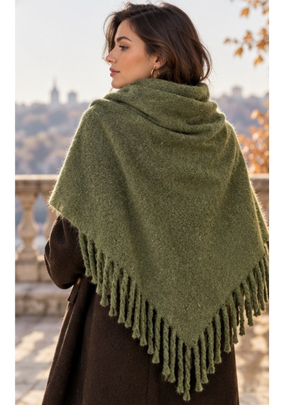 Oliva Muse Haki Yeşil Oversize Soft Touch Püsküllü Kışlık Şal Old Money Stil, Yumuşak Dokulu Premium Kadın Atkı & Omuz Şalı 50x175 Cm Çok Renkli