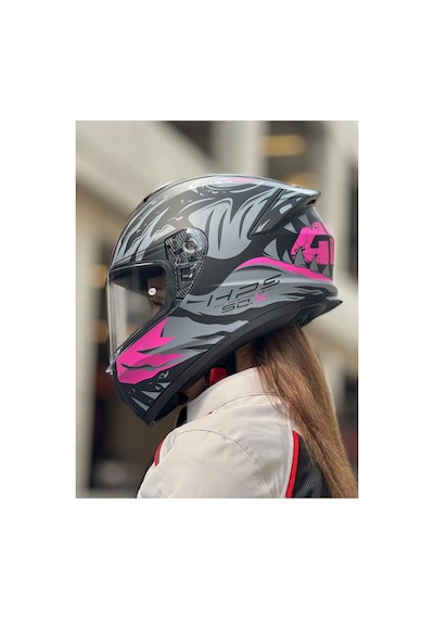 50.x Sharkbıte Mat Siyah-gri-pembe Kask Şeffaf Vizör Şeffaf