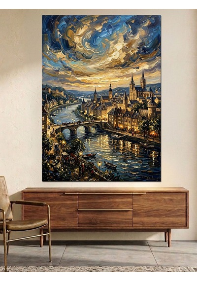 Van Gogh Tarzı Nehir Ve Şehir Ve Yıldızlı Gece Dekoratif Kanvas - Mdf Ahşap Tablo Çok Renkli