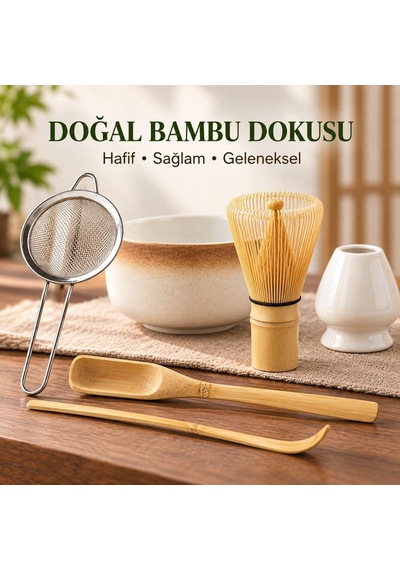 Valkyrie 6 Parça Matcha Hazırlama Seti Bambu Çırpıcı Seramik Kase Süzgeç Ölçü Ve Kaşık Kahve Kahverengi