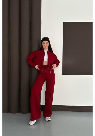 Neşeli Butik Kadın Fermuarlı 3 İplik Eşofman Takımı Nbesf01 Bordo