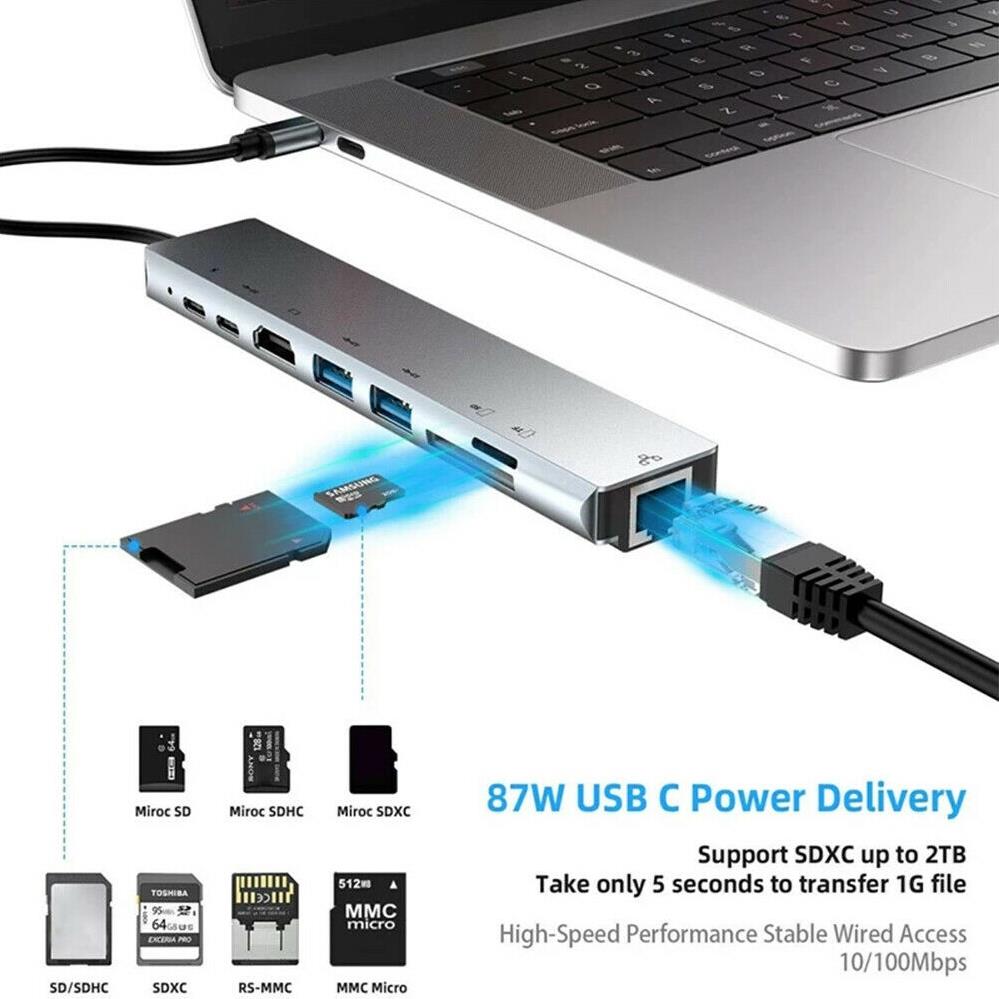 Type C To Hdmi Usb 3.0 Sd Microsd 8 İn 1 Kart Rj45 Ethernet Çevir