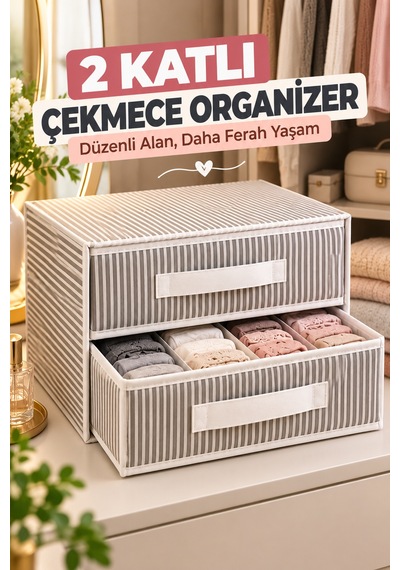 2 Katlı Çekmece Organizer Gri Çizgili Çorap İç Çamaşırı Dolap İçi Düzenleyici 31x30x22 Cm Organizer.