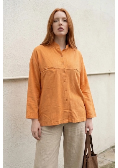 Hiccup My Fashıon Oversize Uzun Kollu Keten Karışımlı Gömlek Soluk Turuncu