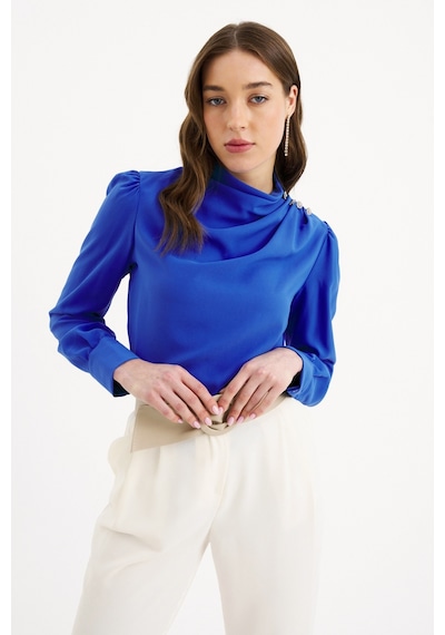 Sateen Düğmeleri Taş Detaylı Bluz - İndigo