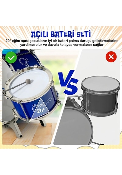 Mikrofonlu Işıklı Sesli Bateri Seti - Piyanolu Tabureli & Bagetli Eğitici Çocuk Bateri Takımı - Mavi
