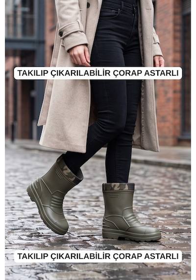 Rainguard Takılıp Çıkarılabilir Çorap Astarlı Kamuflaj Detaylı Kısa Yağmur Çizmesi Yeşil