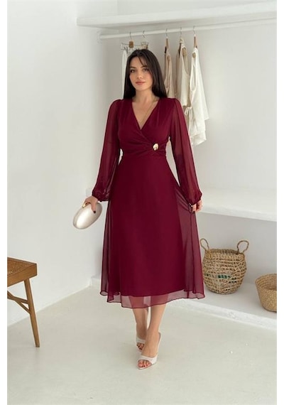 Neşeli Butik Kadın Bordo Astarlı Tokalı Şifon Elbise Nbk30281 Bordo