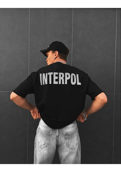 Tarzsokak Erkek Siyah Interpol Baskılı Oversize Pamuklu Bisiklet Yaka T-shirt Siyah