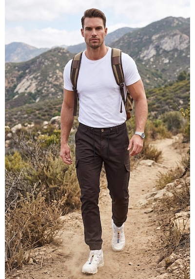 Rizzup Erkek Slim Fit Likralı Koyu Kahve Kargo Jogger Pantolon İpli Bel Lastikli Paça 1601569