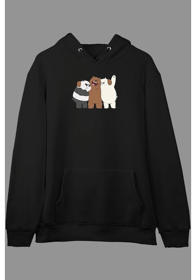 Startmore Oversize 3 Kafadar Ayı We Bare Bears Tasarım Baskılı Kapüşonlu Sweatshirt Hoodie Beyaz Siyah