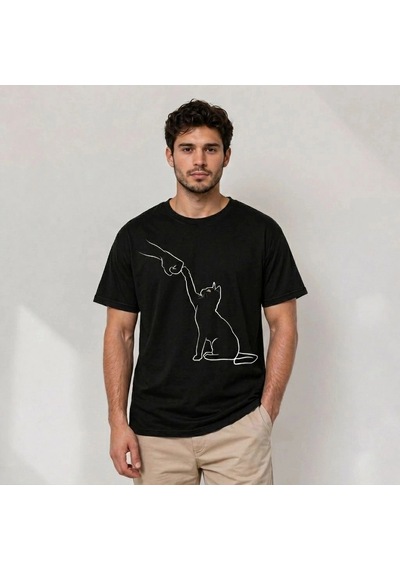 Freedom Storee Erkek Minimal Kedi Çizim Baskılı Tişört Kısa Kol Yazlık T-shirt - Siyah Çok Renkli