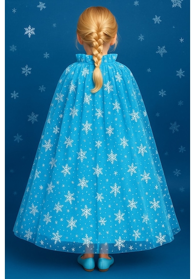 Frozen Elsa Tarzı 80 Cm Mavi Kar Taneli Pelerin Kız Çocuk Kostüm Temalı Parti Aksesuarı 5-9 Yaş
