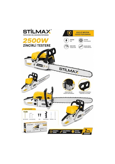 Stilmax ST9000Y 2500W Benzinli Motorlu Testere 50 CM Pala Ağaç Odun Dal Kesme Makinesi + Balta