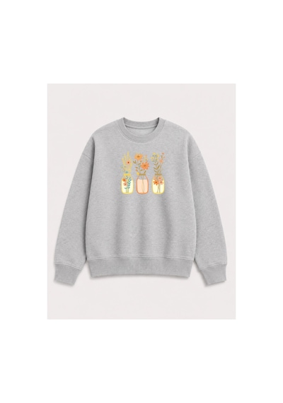 Herkesemoda Kavanoz Çiçek Baskı Detaylı Şardonlu 2 İplik Bisiklet Yaka Sweatshirt Gri