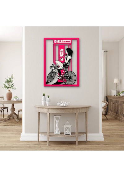 Pembe Telefon Kulübesi Ve Bisikletli Kadın Metal Tablo 36x50 Cm Çok Renkli