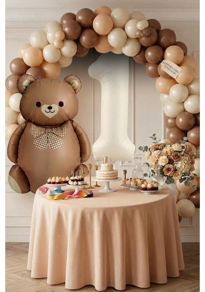 1 Yaş Retro Folyo Karamel Papyonlu Ayıcık Kahverengi Ten Kum Beji Kuşak Balon Krem Rakam Doğum Günü Süsleme Kahverengi - Krem
