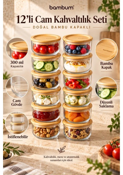 Bambum 12'li Bambu Kapaklı Cam Kahvaltılık Seti 300 Ml - Vakumlu Saklama Kabı Ve Kahvaltılık Seti