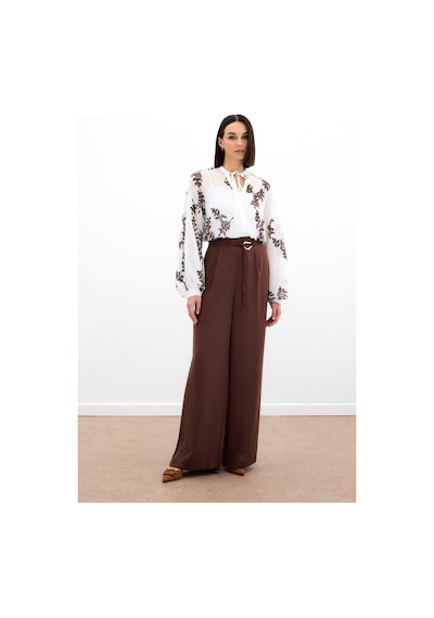 Sateen Nakışlı Şifon Gömlek - Kahve-136179 Kahve